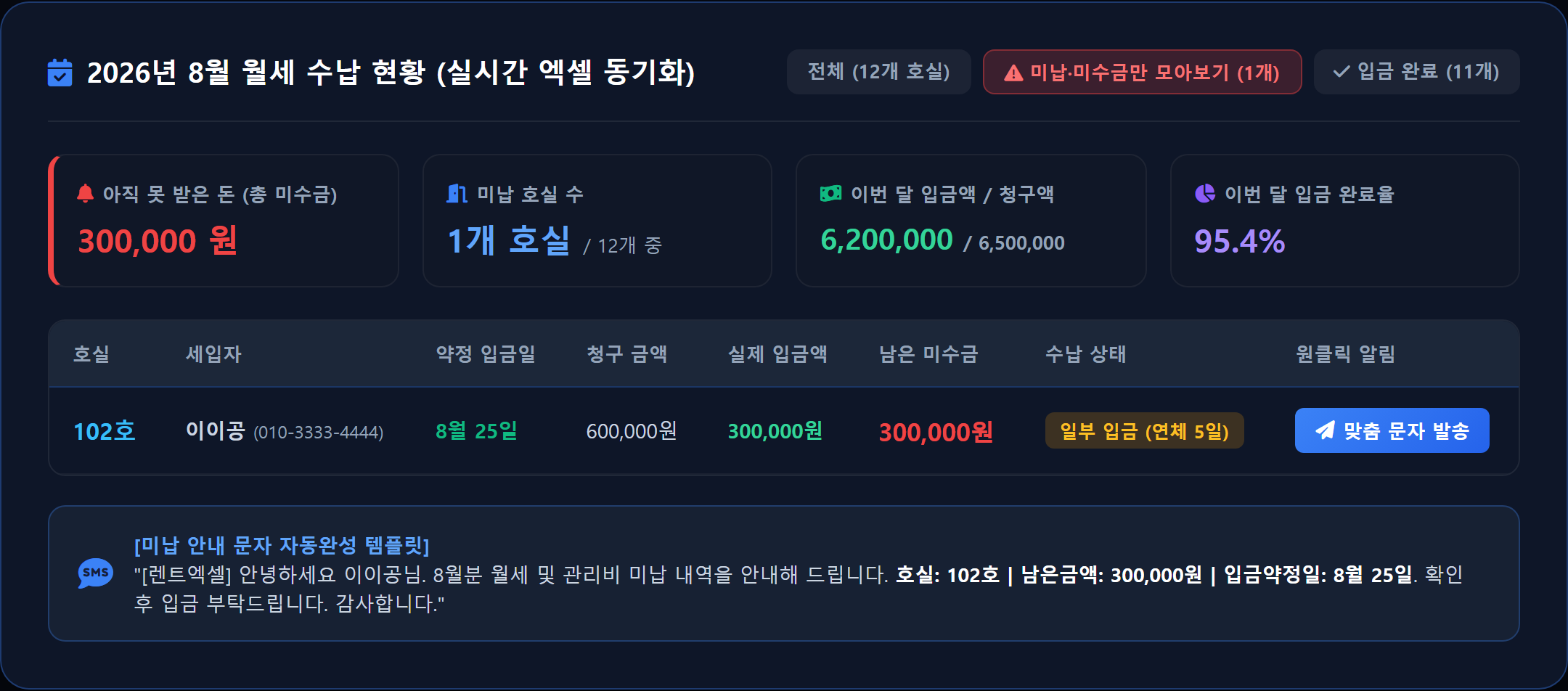rentexcel 월세 및 미수금 관리 대시보드